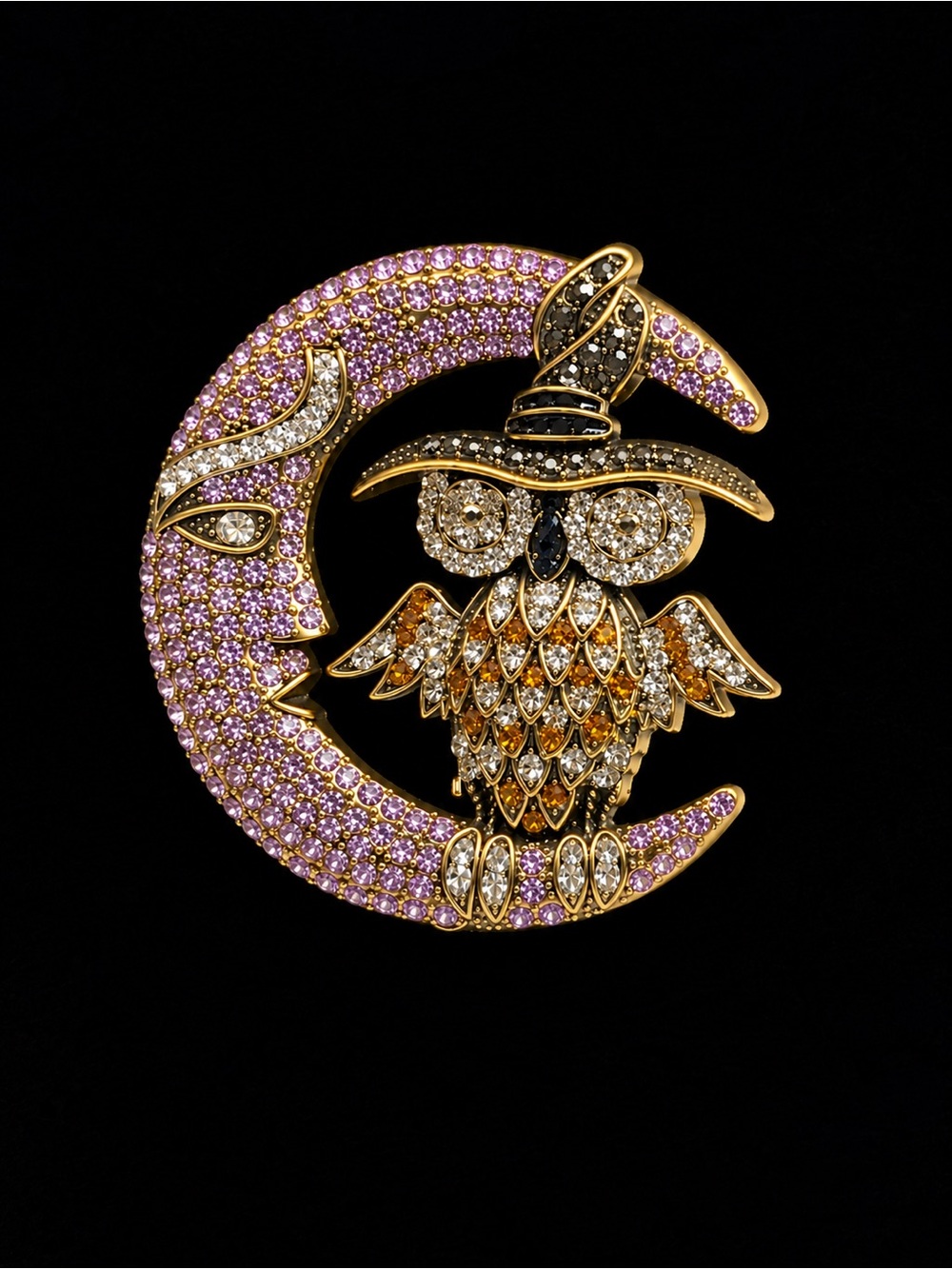 Gold Owl on Purple Moon Crystal Brooch - Women Jewelry